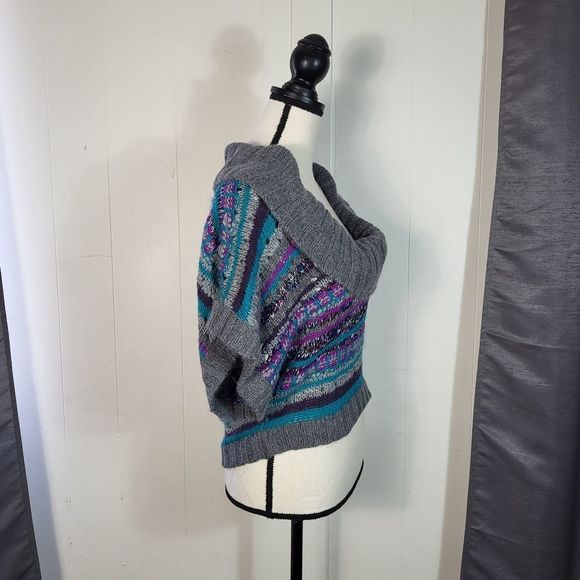 LINQ LOS ANGELES Gray Teal Purple Striped Wool Angora Knit Cropped Sweater Sz S - Picture 4 of 4